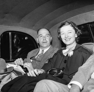 American actress Myrna Loy arriving in Paris, June 13, 1951 (b/w photo)