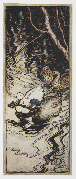 Illustration of two ducks carrying a key from The Queen Bee.