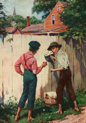 Illustration of Tom Sawyer Whitewashing a Fence, 1910 (screen print)