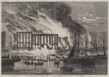 The Great Fire in Southwark, Scene at Cotton's Wharf on Sunday Morning at Two O'Clock (engraving)