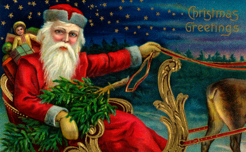 Christmas Greetings with Santa Claus Holding Reins, 1910s (chromolitho)