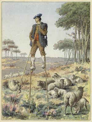 Shepherd on stilts, Landes, France (coloured engraving)