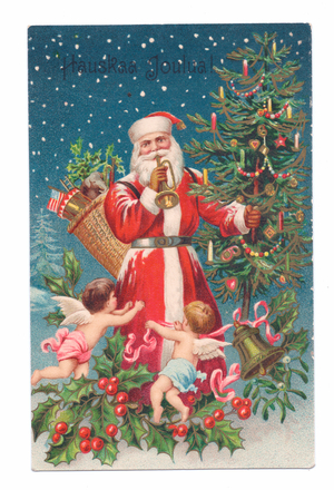 Edwardian postcard of Father Christmas holding a Christmas tree and blowing a trumpet with two cupids in tow, c.1910 (colour litho)