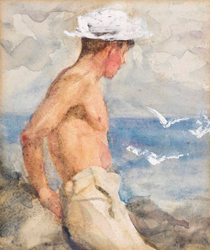 Study of a young man looking out to sea (pencil, watercolour & bodycolour on paper)