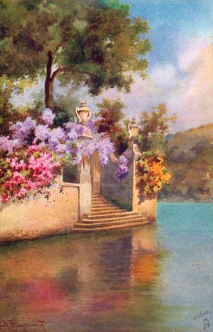 Gardens by Lake Como, Italy (colour litho)