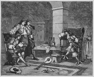 Officers dining with the prisoner with the velvet mask (iron mask) at the bastille (Engraving)