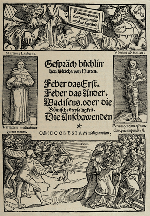 Facsimile of the cover of the Booklet of Conversations by Ulrich von Hutten (1488-1523). Engraving.
