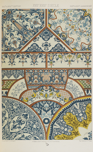 XVII and XVIII Centuries, plate 82 from 'Polychromatic Ornament: One Hundred Plates in Gold, Silver and Colours', 1873 (colour litho)
