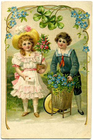 Society. Children and flowers. Postcard for Christmas and New Year Holiday, France, c.1900 (postcard)