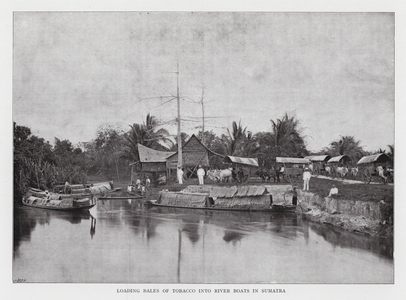 Loading Bales of Tobacco into River Boats in Sumatra (b/w photo)