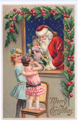 Edwardian Christmas postcard of Father Christmas showing a doll in a toy car to two young girls, c.1910 (colour litho)