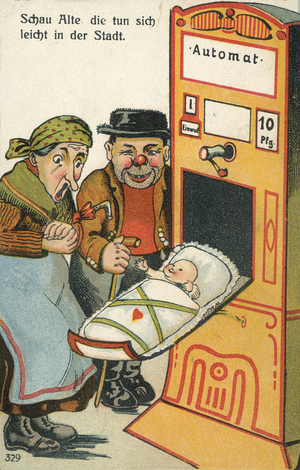 Newborn baby emerging from a vending machine (chromolitho)