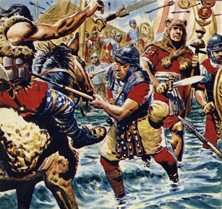 Fired up by the bravery of the standard-bearer, the other Roman legions gained courage (colour litho)