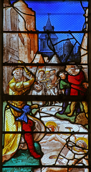 Window w23 depicting St Crepin and St Crepinian: thrown into the river Aisne with millstones around their necks (stained glass)