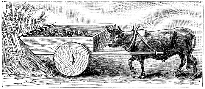 Reconstruction of Ancient Roman reaping cart, as described by Pliny. Aristotle believed that motion was a continuous pushing action, and that objects could only travel in a single direction at any one time, that is, in straight lines, not arcs. Engraving, 1890.