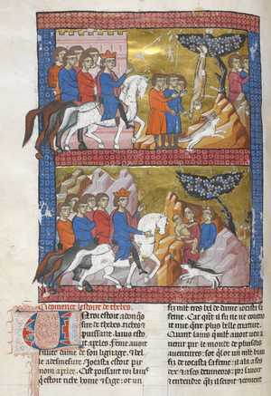 Add. 15268, f.75v Oedipus, found by Polybus, King of Corinth, illustration from 'Le Livre des ansienes estoires', c.1285 (vellum)