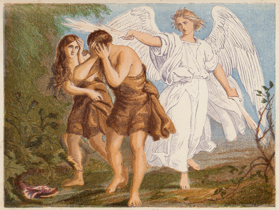 Expulsion of Adam and Eve from Garden of Eden (colour litho)