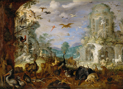 Landscape with animals (oil on oakwood)