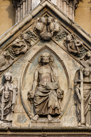 Detail of the tympanum with the "Last Judgement", facade of St. George Cathedral, Ferrara, Emilia Romagna, Italy (photo)