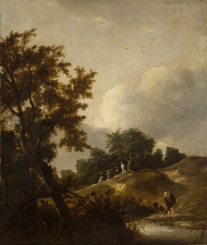 Landscape with Men and Dogs (oil on panel)