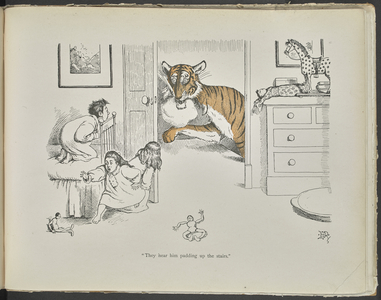 "They hear him padding up the stairs."
A tiger scaring children in their bedroom.