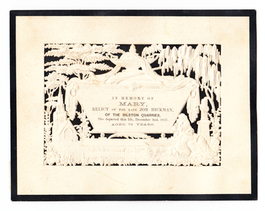 A Victorian black border embossed memorium card of weeping willow on a headstone, c.1857 (monochrome)