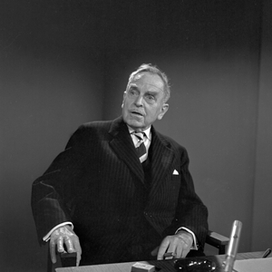 Professor Otto Hahn talking to Heinz Haber at Hamburg, Germany 1960s