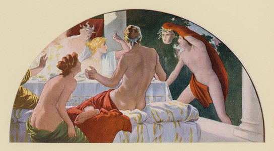 Perseus confronting Polydectes with the head of the Gorgon Medusa (colour litho)