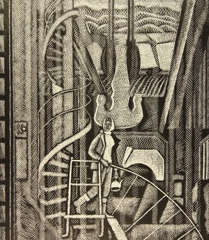 Cranes and Female Operator, 1976 (linocut)