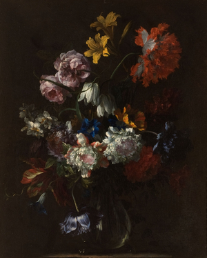 Poppies and other flowers in a glass vase, 17th Century (oil on canvas)