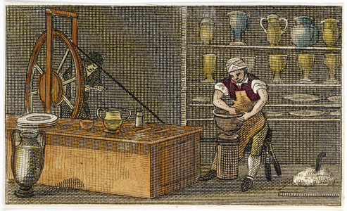 Potter at work at the Wedgwood's Etruria factory, Hanley, Staffordshire, c.1830 (engraving)