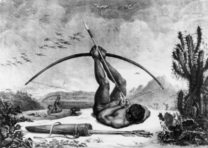A cabocle in Brazil, bending a bow back, laid on the ground, engraving by Jean-Baptiste Debret, 1834