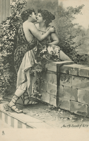 Couple kissing wearing Classical costume (b/w photo)