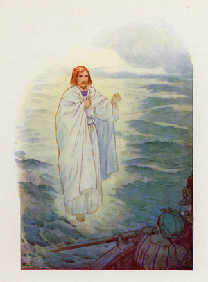 Walking on the tossing sea, the fishermen saw the figure of Jesus (colour litho)