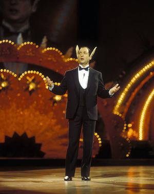 Singer Heinz Rennhack (GDR) with devil's ears in his television show -Wieder mal Heinz Rennhack-..., 1978 (photo)