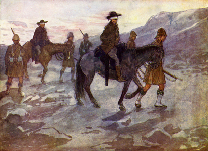 Boer leaders blindfolded and guarded by soldiers of the Black Watch (colour litho)