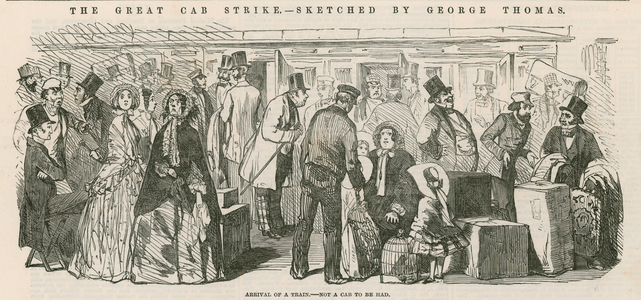 The Great Cab Strike: Arrival of a train - not a cab to be had (engraving)