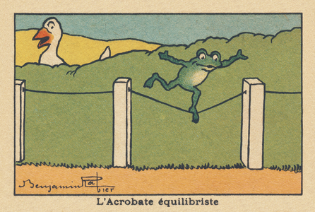A frog balances on a tight wire.” The Balancing Acrobat” ,1936 (illustration)
