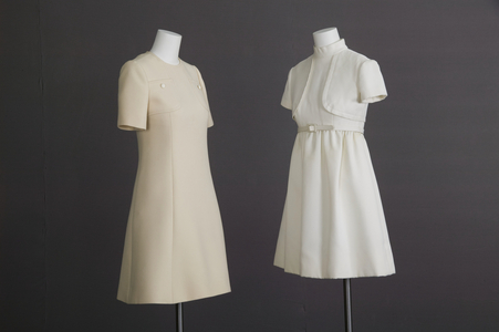Wedding dress with belt, 1969 (oblique view), Polyester double knit, Maker unknown & Wedding dress, 1972, Wool double knit, Miss Dior