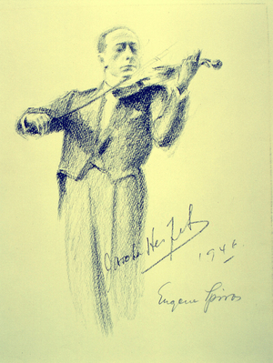 J. Heifetz playing the violin, New York, 1945.