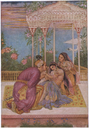 The maiden was loth to hearken to Nala's message, 1912 (colour litho)