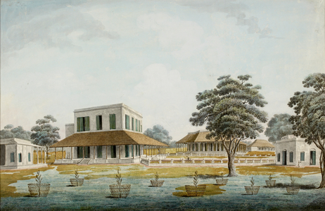 Painting of grand Indian house. A colonial residence or mansion by water. The residence of an English gentleman in the late 1790s.