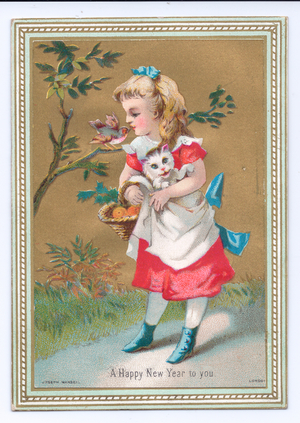 A Victorian New Year card of a girl with a cat in her arms looking at a robin, c.1880 (colour litho)