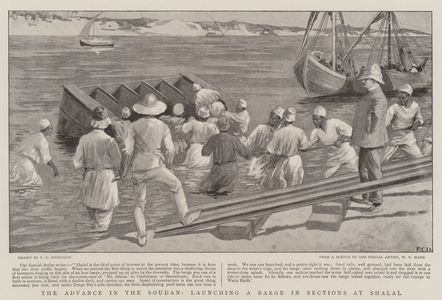 The Advance in the Soudan, launching a Barge in Sections at Shalal (litho)