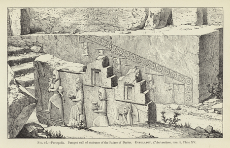 Persepolis, Parapet wall of staircase of the Palace of Darius (engraving)