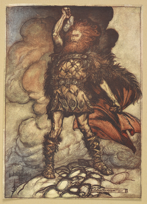 Thor raises his hammer.