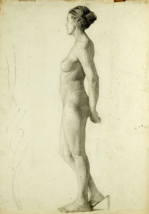 Profile study of nude standing, arms behind her back, right foot raised on a block, c.1925 (pencil on paper)