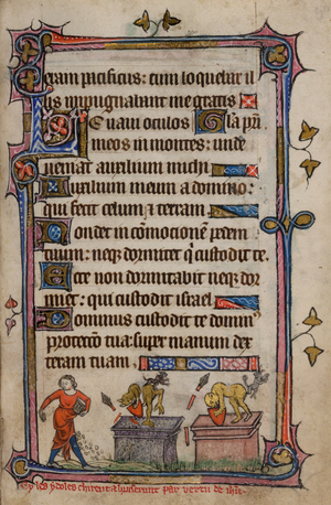 Bas-de-page scenes from the Flight into Egypt: at left, a man sowing seed (the Cornfield Miracle); and at right, idols falling from their pedestals, with two demons flying away, at the beginning of Psalm 120. With a caption reading 'Cy les ydoles chirent et vriserunt par vertu de ih[es]u'