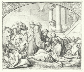 Martin Luther offering comfort to sufferers of the plague (engraving)