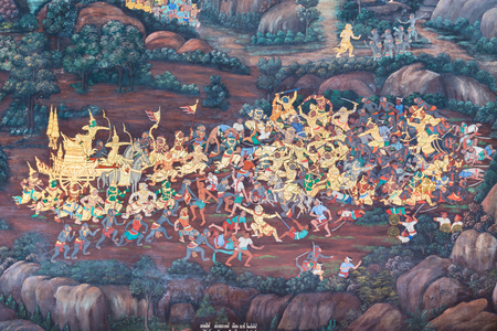 Mural depicting scenes from the Ramayana at Wat Phra Kaeo, the Royal Grand Palace, Bangkok, Thailand
